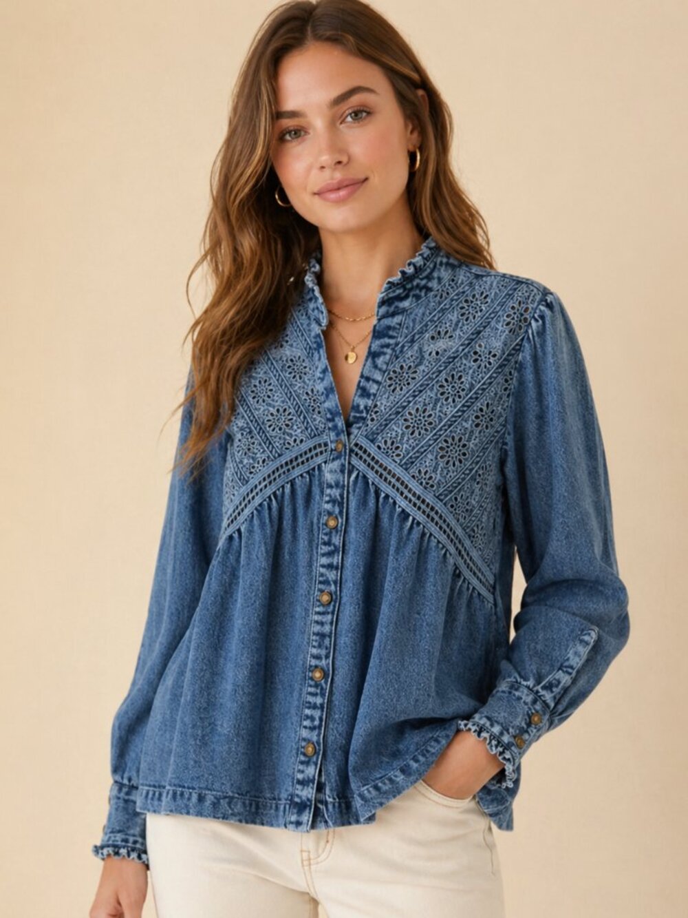 Chic Denim Eyelet Ruffle Blouse | Feminine Boho Button-Up Top